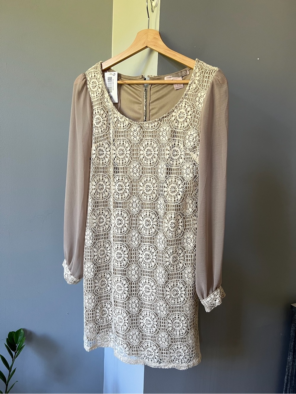 Cream Lace Overlay Long-Sleeve Shift Dress in Taupe beige